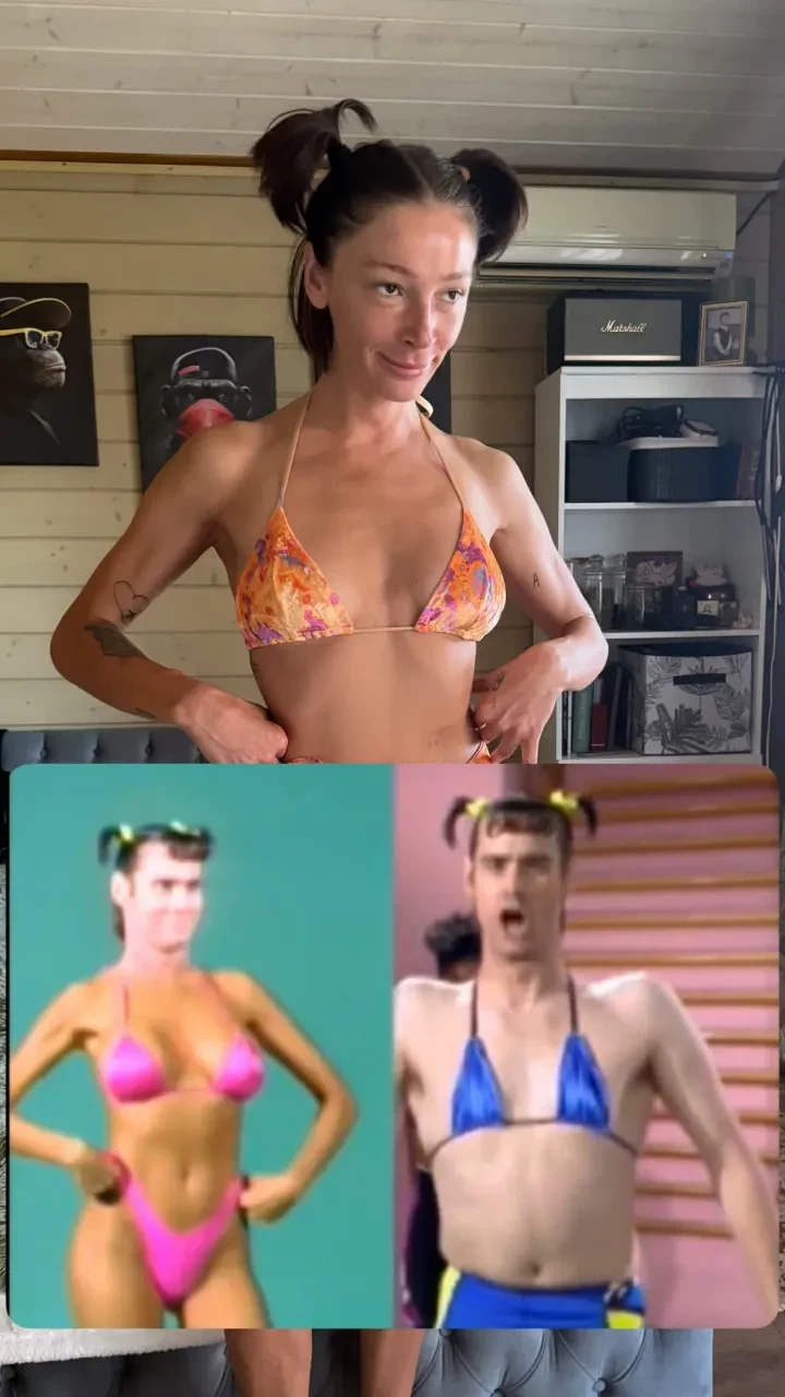 Настя Ивлеева повторила образ Джима Керри в бикини